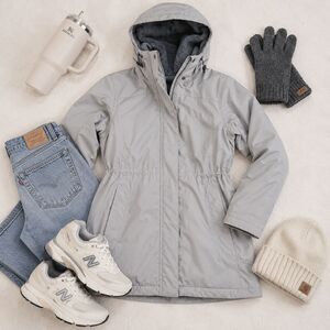 L.L.Bean Gray Hooded Parka Petite Small Fleece Lined Winter Coat